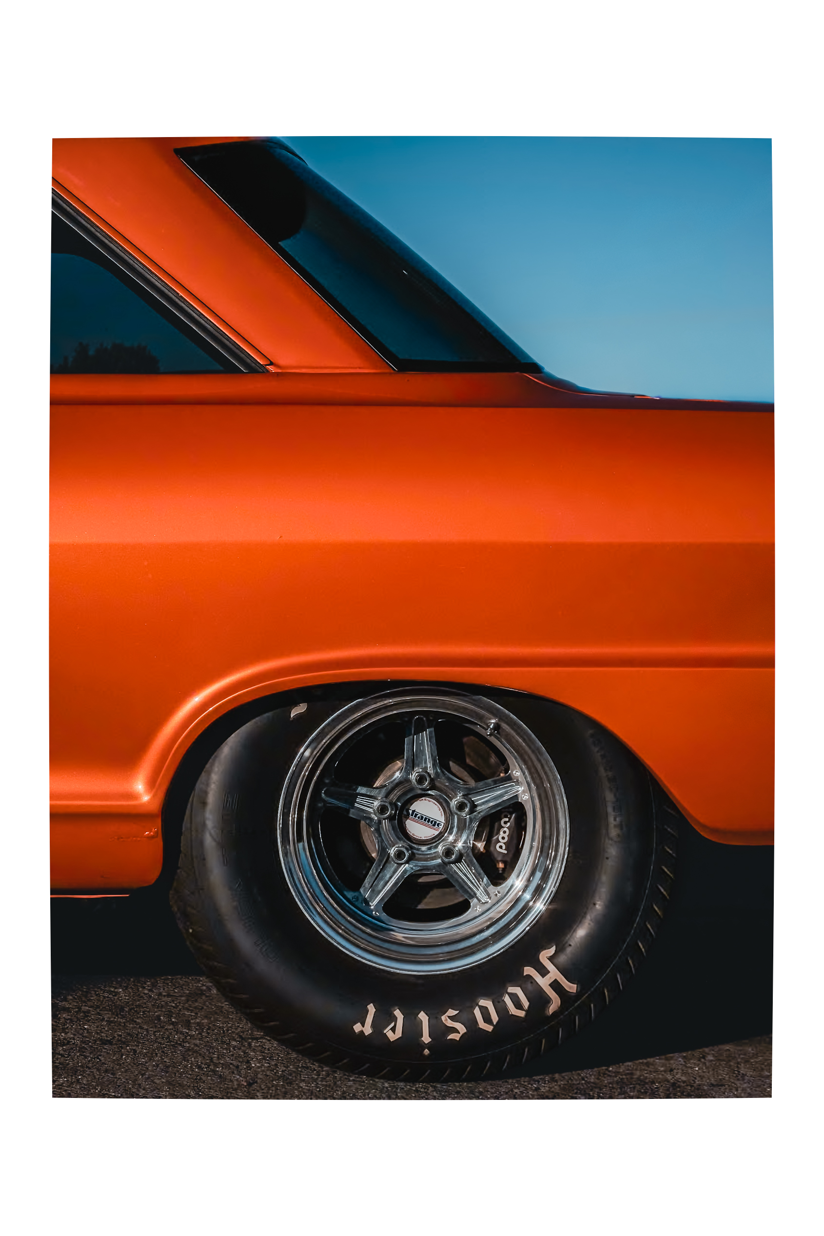 Orange classic American muscle car with Hoosier tire — automotive commercial photography