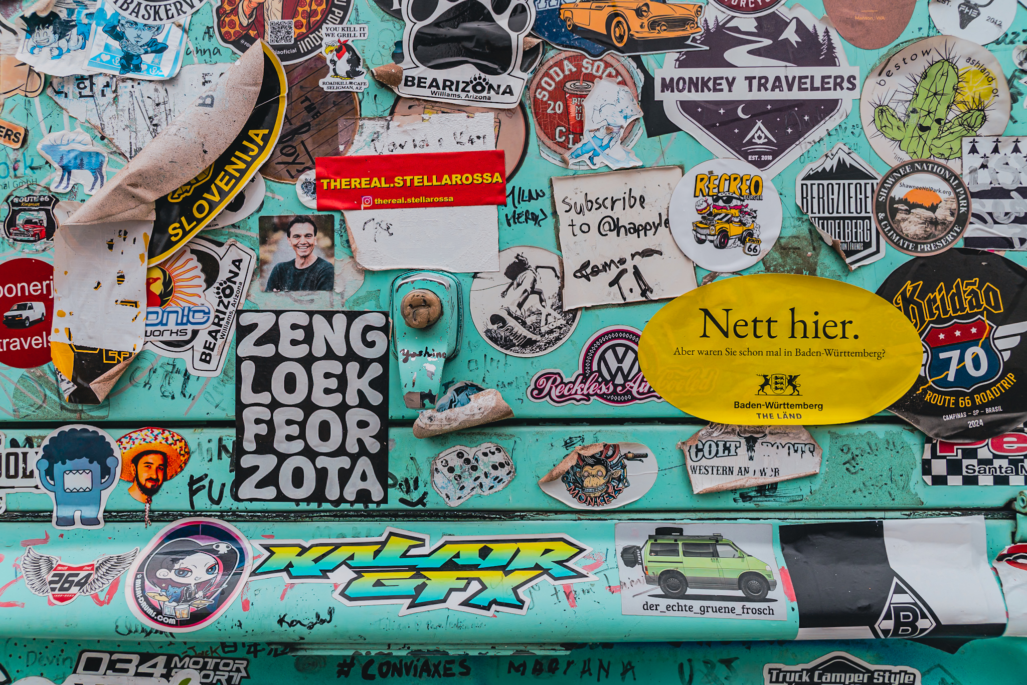 European sticker wall at the Roadkill Cafe, Seligman — Baden-Württemberg, Route 66 pilgrimage